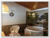 Ремонт дома в ванной, декорированной камнем с деревянными потолками