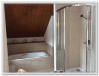 Ремонт дома в ванной комнате с деревянными потолками и душевой кабиной
